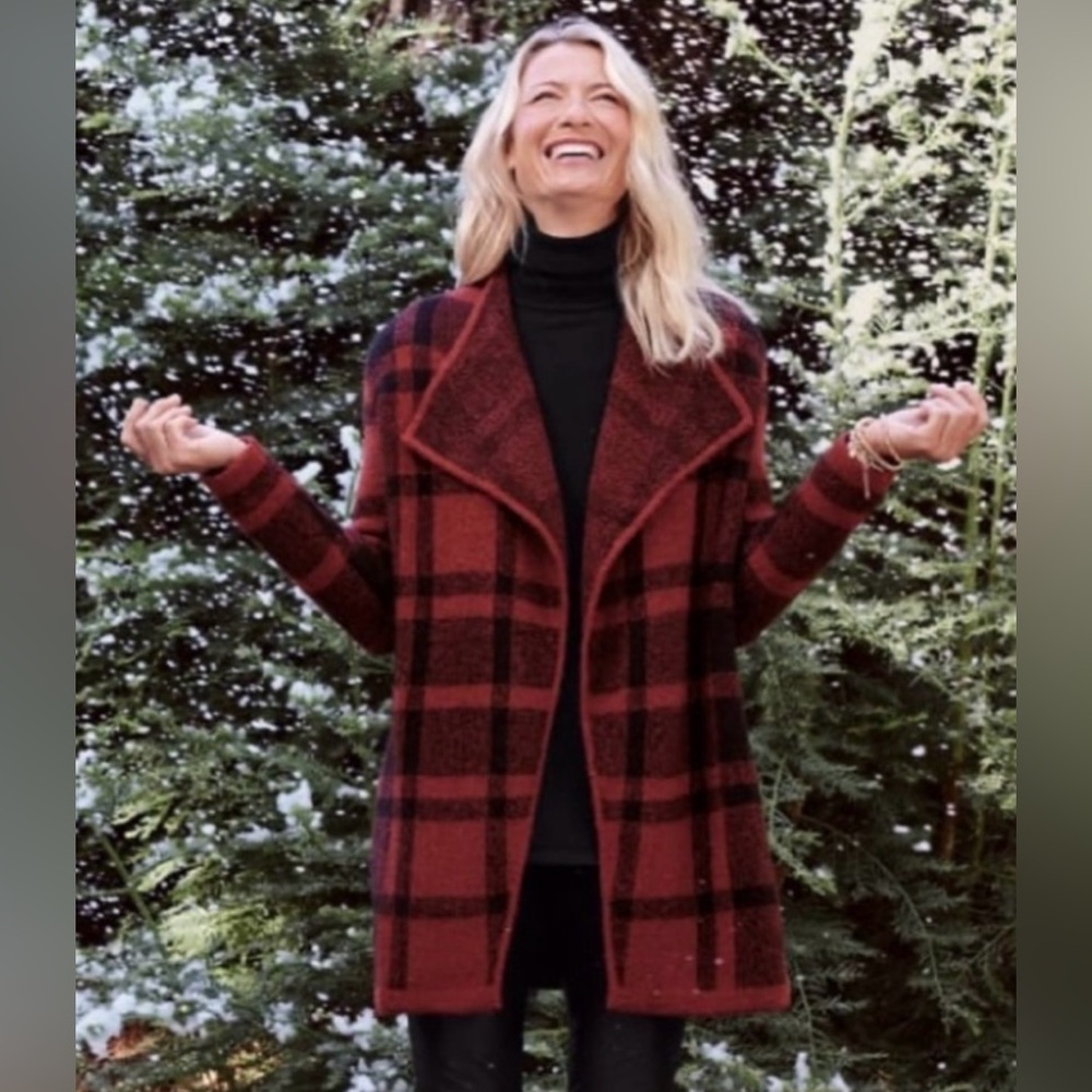 Soft Surroundings Red and Black Plaid Open Cardigan